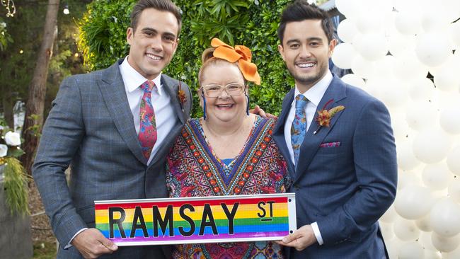 Aaron Brennan (Matt Wilson) and David Tanaka (Takaya Honda) were the first same-sex couple to be married on television, on <i>Neighbours</i>. High-profile SSM supporter Magda Szubanski played celebrant Jemima Davies-Smythe.