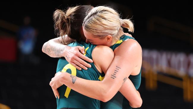 SAITAMA, JAPAN - AUGUST 02: Bec Allen #9 of Team Australia and teammate Cayla George #15 celebrate after defeating Puerto Rico in a Women's Basketball Preliminary Round Group C game on day ten of the Tokyo 2020 Olympic Games at Saitama Super Arena on August 02, 2021 in Saitama, Japan. (Photo by Gregory Shamus/Getty Images)