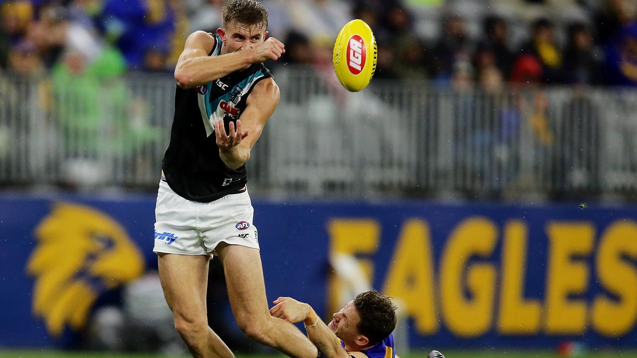 Dougal Howard of the Power handpasses the ball during the Round 5 match between West Coast and Port Adelaide at Optus Stadium. Picture: Getty Images