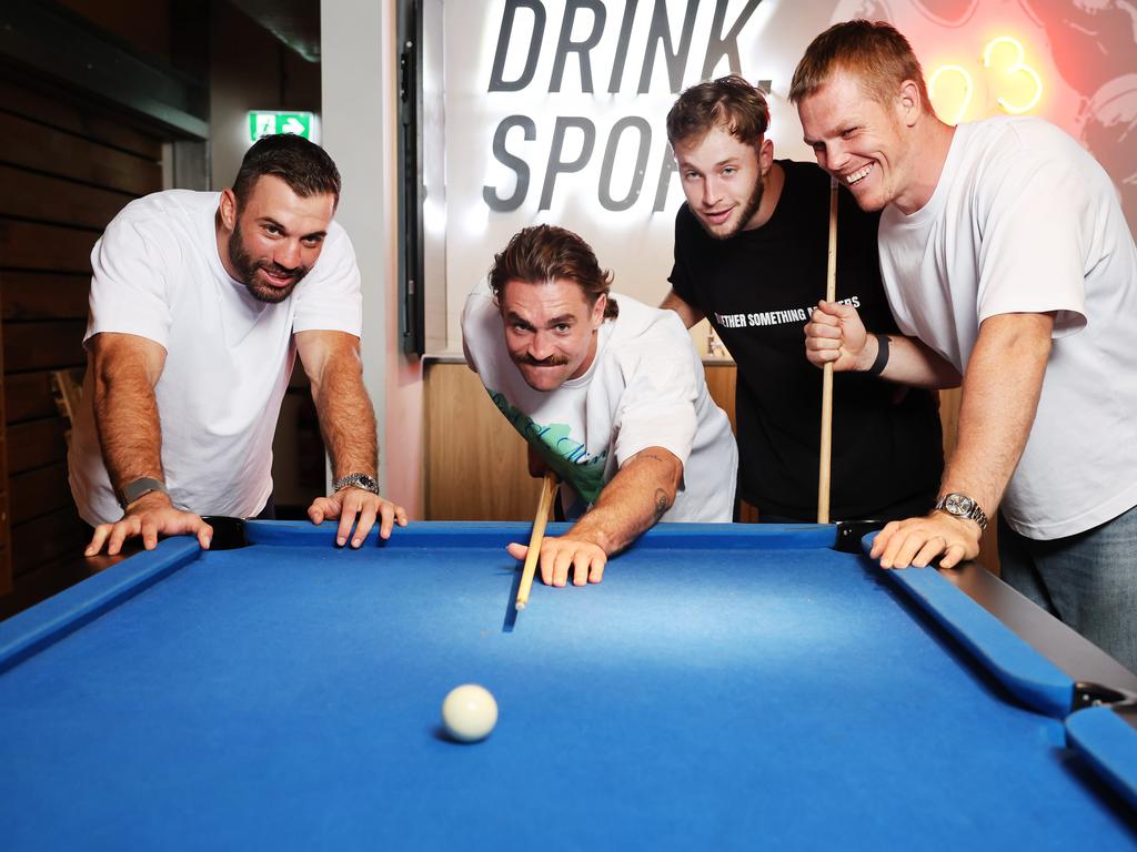James Tedesco, Connor Watson, Lindsay Collins and Sam Walker at the reopening of The Sporting Globe bar. Picture: Rohan Kelly