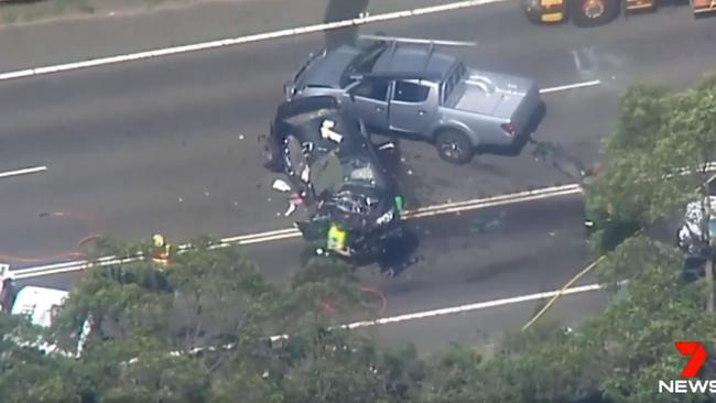 A police officer is one of two people badly injured in a serious crash on New Illawarra Rd in Lucas Heights. Picture: Seven News