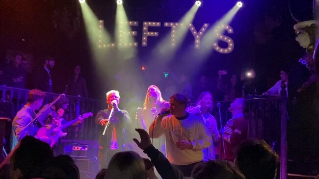 George Sheppard and Conrad Sewell on stage at Lefty's on Caxton St after State of Origin. Picture: Supplied