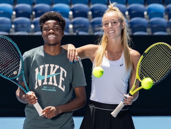 January 2: Nenyasha Manzvera (Royal South Yarra Tennis Club) and Zahra Arthur (Beaumaris Tennis Club) practicing in the hope of taking on the pros in the inaugural 1 Point Slam on Kia Arena Thursday 9 January, as part of Opening Week presented by Herald Sun.  Thursday, January 2, 2025. Photo by TENNIS AUSTRALIA/ FIONA HAMILTON