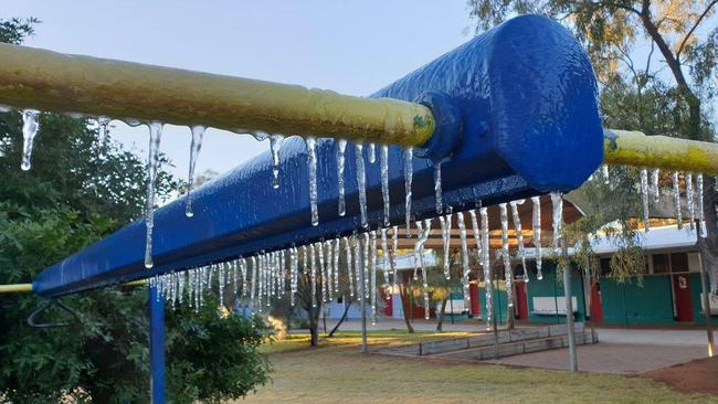 Ross Park Primary School staff captured images of icicles on the trees during Wednesday morning where the mercury dipped to 1.4C overnight in Alice Springs Picture: Ross Park Primary School