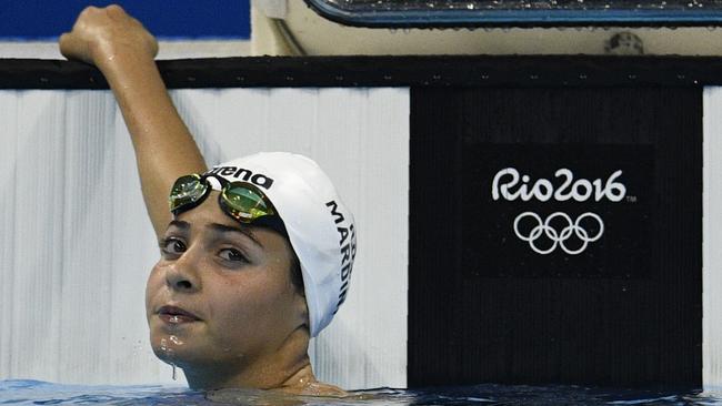 Yusra Mardini takes part in the women's 100m butterfly heat at the Olympic Aquatics Stadium in Rio de Janeiro.