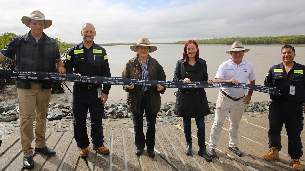 Mayor Tony Williams, Councillor Ellen Smith, Keppel MP Brittany Lauga, Councillor Drew Wickerson and GPC celebrate the grand opening of the Inkerman Creek boat ramp at Port Alma.