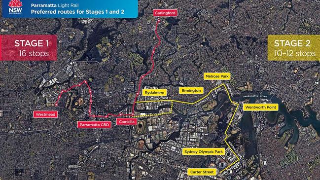 The preferred routes for Parramatta Light Rail Stage 2.