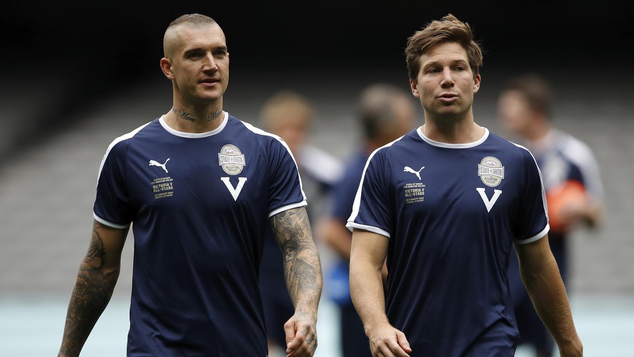 Dustin Martin and Toby Greene ahead of the State of Origin for Bushfire Relief training. Picture: Dylan Burns