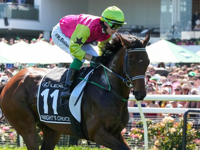 Knight's Choice ridden by Robbie Dolan on the way to the barriers prior to the running of  the Lexus Melbourne Cup at Flemington Racecourse on November 05, 2024 in Flemington, Australia. (Photo by George Sal/Racing Photos via Getty Images)