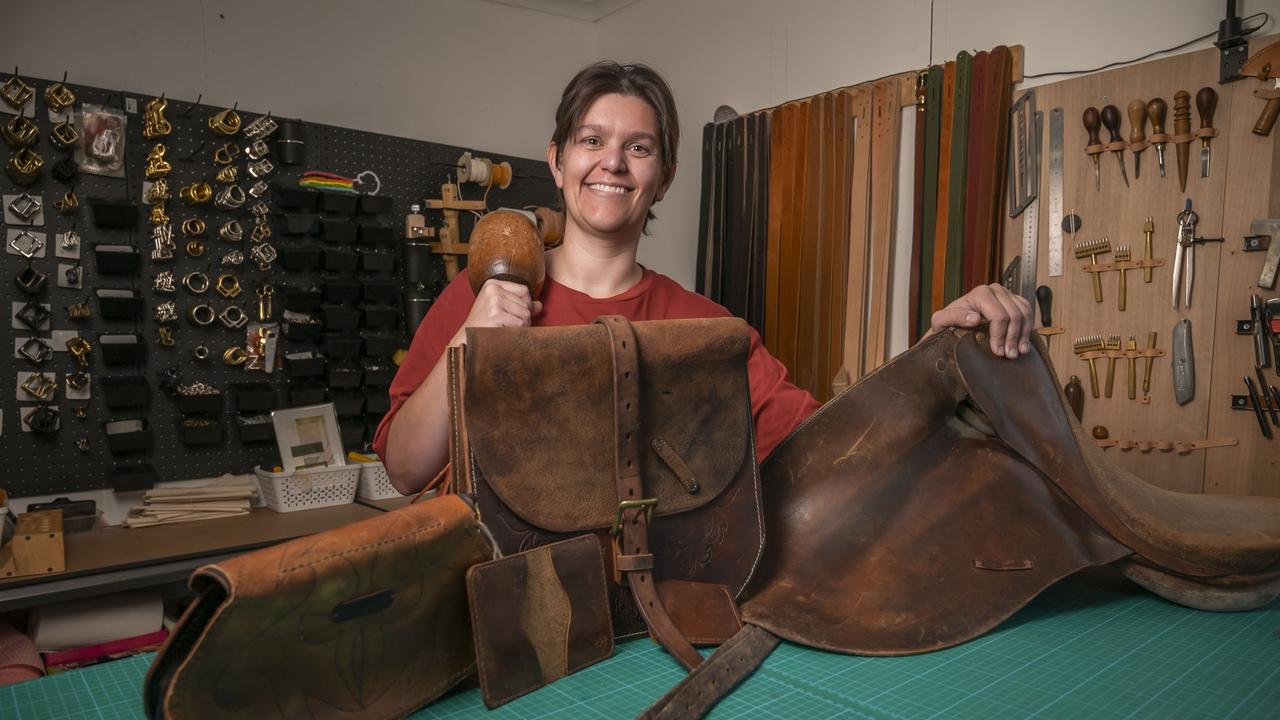 Kirby Gibson of Hope & Jane Leather Co at her studio in North Hobart. Picture: Caroline Tan