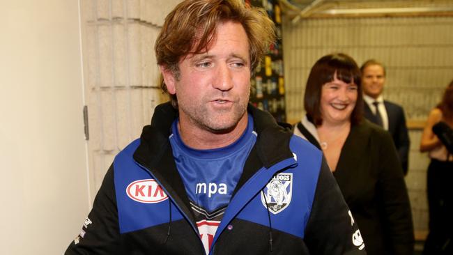 Canterbury Bulldogs Des Hasler with Raelene Castle after the announcement he will continue to coach the team untill 2019 . Picture : Gregg Porteous