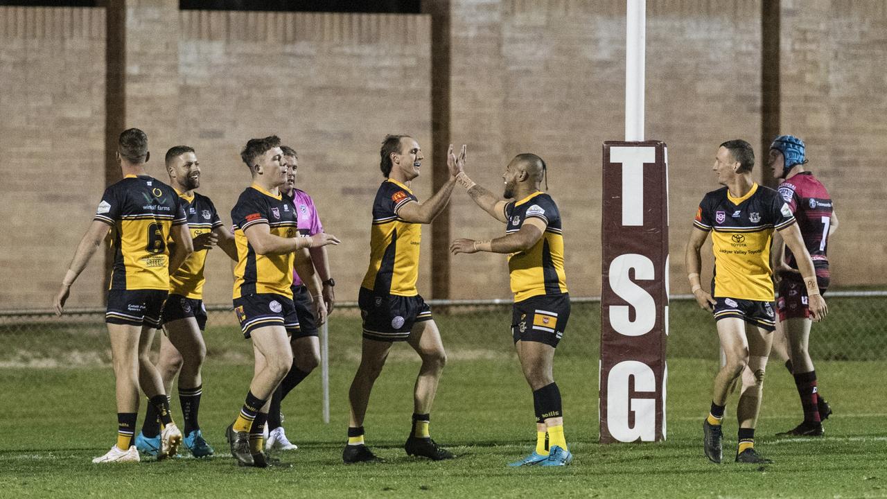 Gatton celebrate a try by Luke Self (centre) against Valleys. Picture: Kevin Farmer.