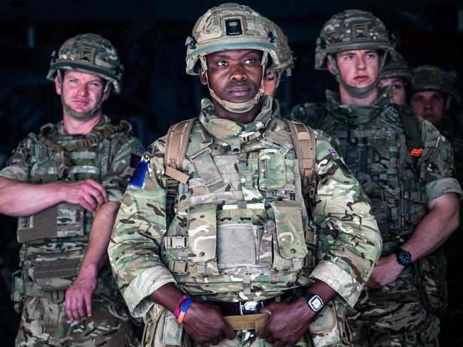 British soldiers disembark from an RAF Voyager aircraft after landing in Kabul, Afghanistan. Picture: AFP