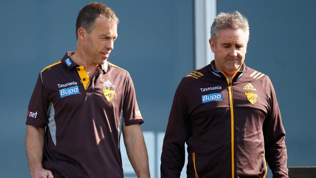 Alastair Clarkson, Hawthorn (left) and Chris Fagan look on during the Hawthorn Hawks training session at the Ricoh Centre, Melbourne on September 04, 2014. (Photo: Michael Willson/AFL Media)