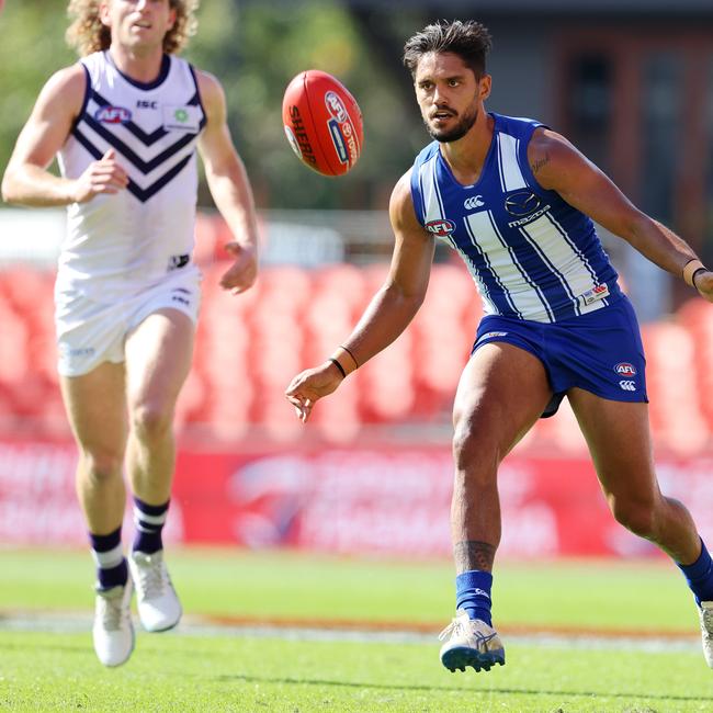 AFL Round 17. 12/09/2020. North Melbourne vs Fremantle at Metricon Stadium, Gold Coast. Aaron Hall of the Kangaroos q1. Pic: Michael Klein