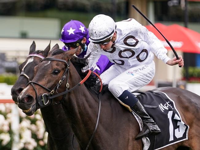 Lunar Flare ridden by Michael Dee wins the McCaf? Moonee Valley Gold Cup at Moonee Valley Racecourse on October 23, 2021 in Moonee Ponds, Australia. (Scott Barbour/Racing Photos via Getty Images)