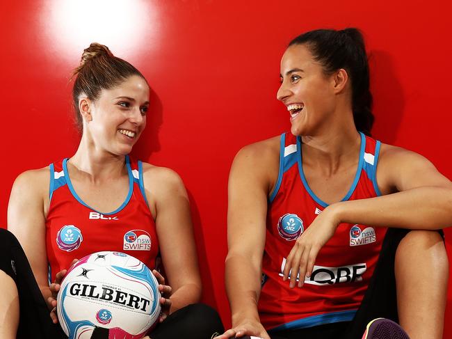 Pictured is NSW Swifts Netball players Kaitlyn Bryce and Amy Sommerville at Netball Central in Homebush today. Picture: Tim Hunter.