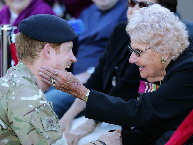 HHR Prince Harry chats with Daphne Dunne during his visit to the Sydney Opera House in 2015. Picture Gregg Porteous