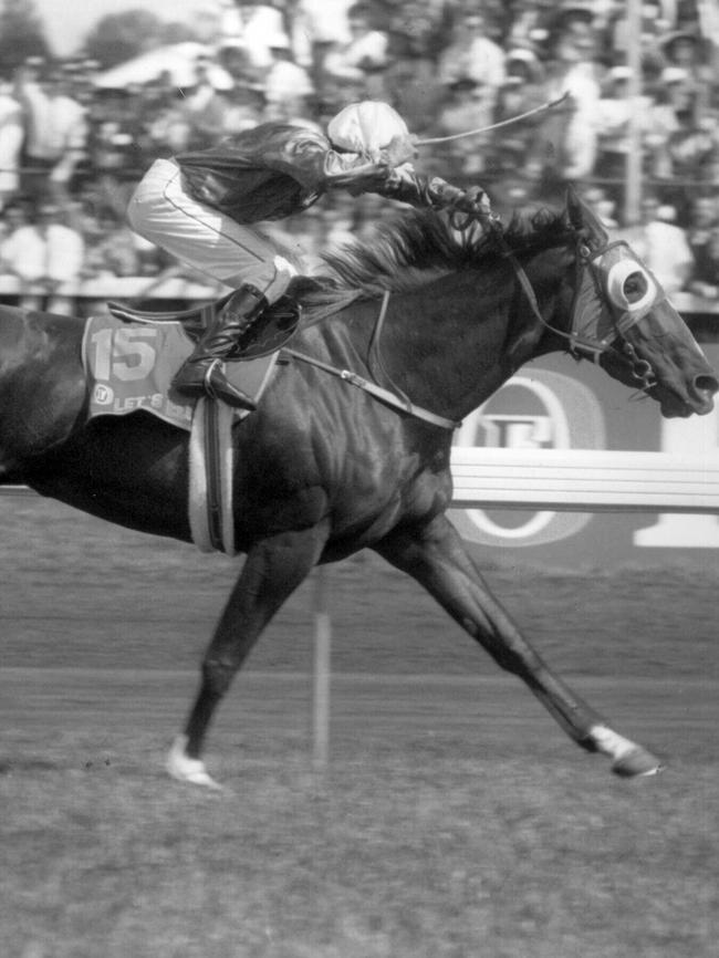 Let's Elope, ridden by jockey Steven King, winning 1991 Melbourne Cup.