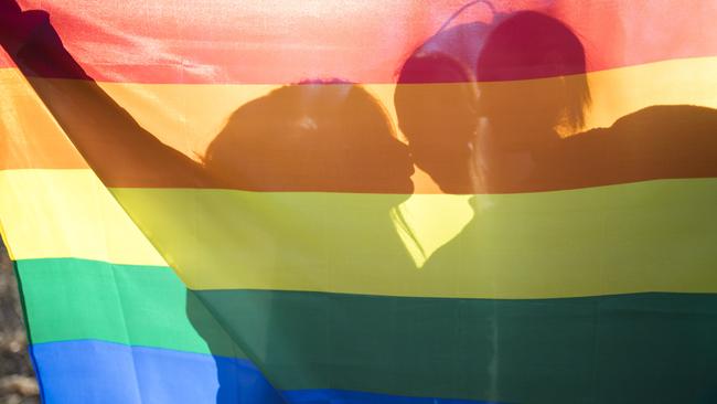 people, homosexuality, same-sex marriage, gay and love concept - close up of happy lesbian couple holding rainbow flag