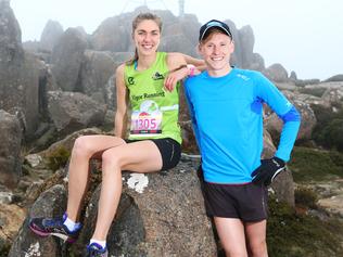 Winners of the men's and women's run event L-R Virginia Moloney 24 of Garvoc Victoria and Dylan Evans 21 of Launceston who were both first time runners in the event. Point to Pinnacle run and walk from Wrestpoint Casino to the top of Mount Wellington.