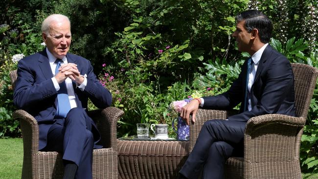 Joe Biden has tea with Rishi Sunak in the garden of 10 Downing Street on Monday. Picture: Getty Images