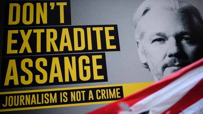 A pro-Assange message outside the Old Bailey in London this week. Picture: Getty Images