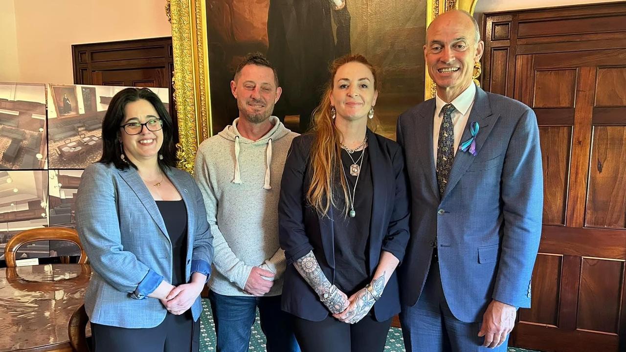 Faith Tkalac and husband Guido Tkalac with Shadow Attorney-General Ella Haddad and Attorney-General Guy Barnett at state parliament for the vote on Jari's Law. The law was prompted by the death of Mrs Tkalac's son Jari Wise.