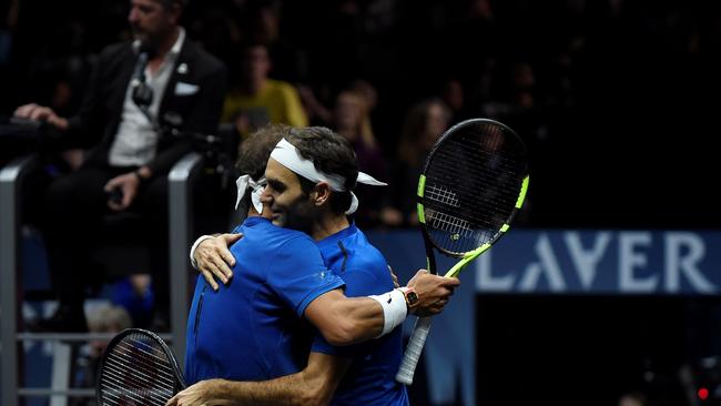 Switzerland's Roger Federer of Team Europe celebrates doubles victory with his teammate Spain's Rafael Nadal.