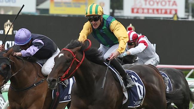 SYDNEY, AUSTRALIA - OCTOBER 19: Chad Schofield riding Ceolwulf wins Race 9 King Charles III Stakes during Sydney Racing - The Everest Day at Royal Randwick Racecourse on October 19, 2024 in Sydney, Australia. (Photo by Jeremy Ng/Getty Images)