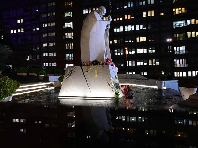 A picture shows the statue of John Paul II outside the Gemelli hospital where Pope Francis is hospitalised in Rome. Picture: AFP