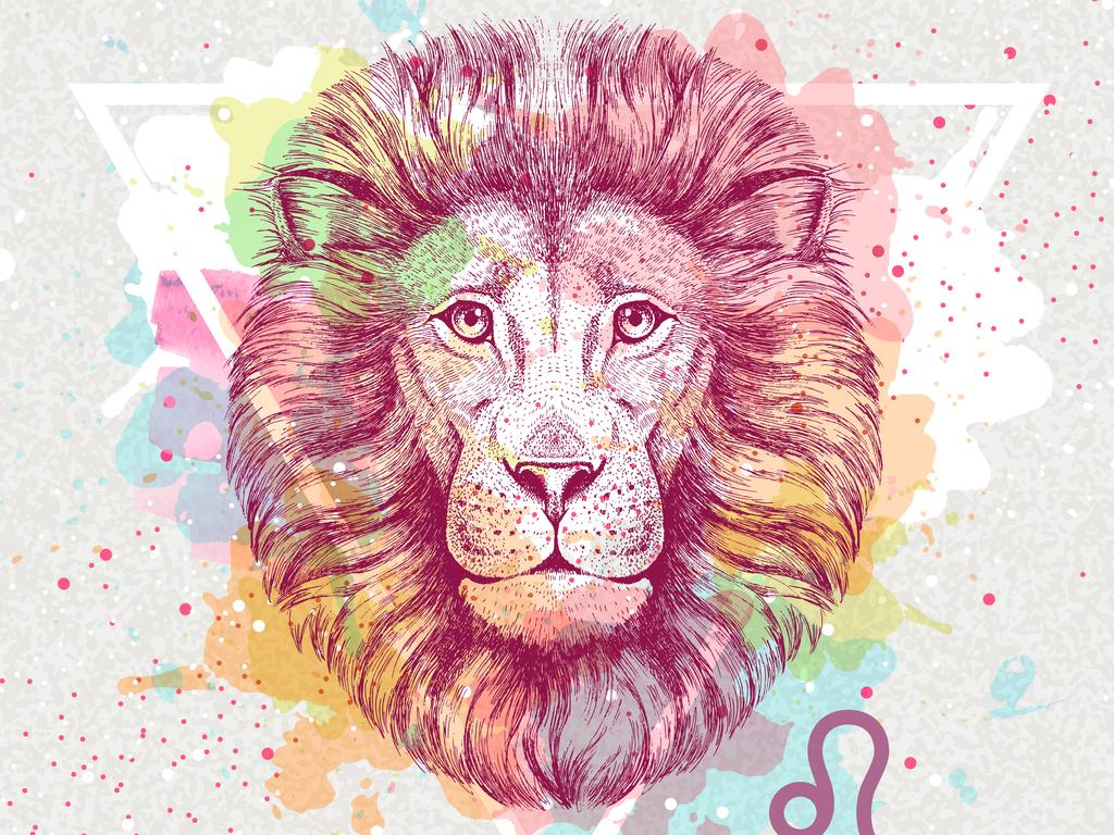 Modern magic witchcraft card with astrology Leo zodiac sign on artistic watercolor background. Realistic hand drawing lion head