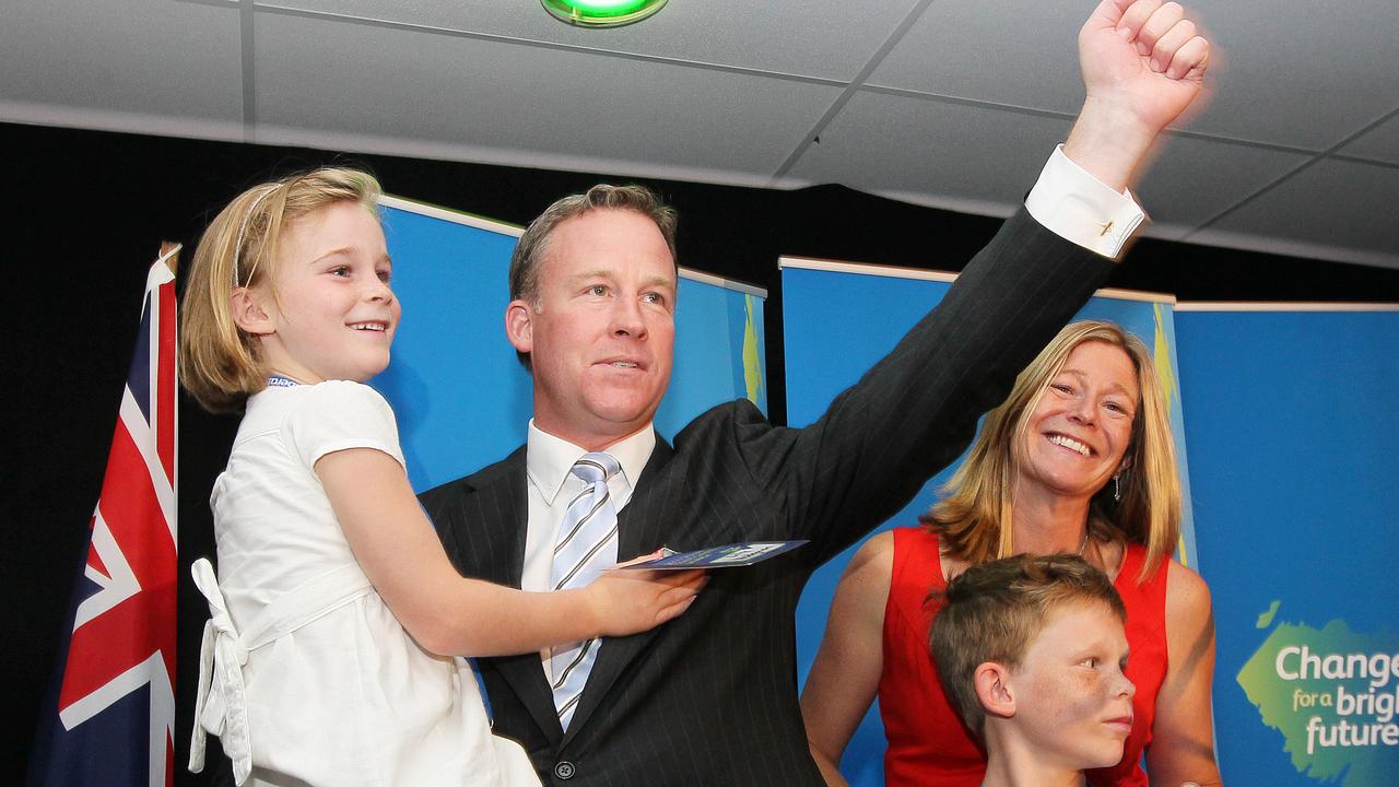 Will Hodgman holds his daughter Lily and is joined by his son James and his wife Nicola Hodgman after his address to the party faithful at the Liberals Campaign Launch in Launceston in March 2014.