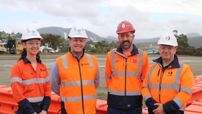 TasWater site engineer Sarah Dall'Alba, general manager project delivery Tony Willmott, Hazell Bros Southern infrastructure operations manager Garrick Smith and Civil Contractors Federation CEO Andrew Winch. Picture: Elise Kaine