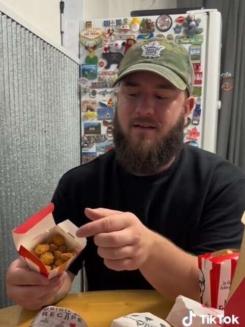 He’s a fan of our popcorn chicken, claiming it has a different batter to what he gets back home. Picture: TikTok/jordsandmatty