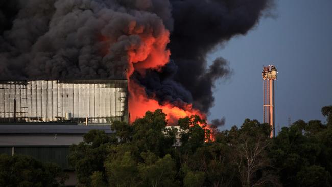 The Thomas Food International meatworks at Murray Bridge goes up in flames. Picture: Leanne Walding Photography