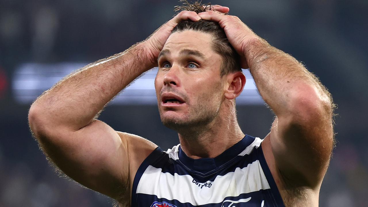 Tom Hawkins was frustrated after a goalless performance in Geelong’s loss to Melbourne on Saturday. Picture: Quinn Rooney / Getty Images