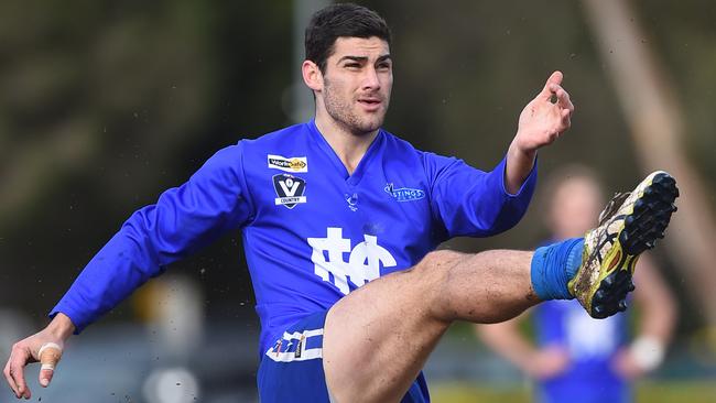 Hastings forward Luke Hewitt fired off eight goals in the Blues’ 111-point win over Crib Point in MPNFL Division 2 on Saturday. Picture: Chris Eastman