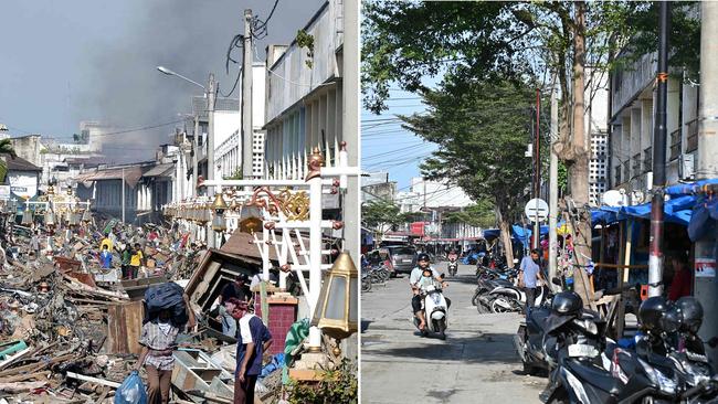 People salvaging belongings amid the rubble of collapsed buildings along a street in Banda Aceh on December 29, 2004 after the December 26, 2004 tsunami (L) and a view on the same street on November 25, 2024. Picture: AFP