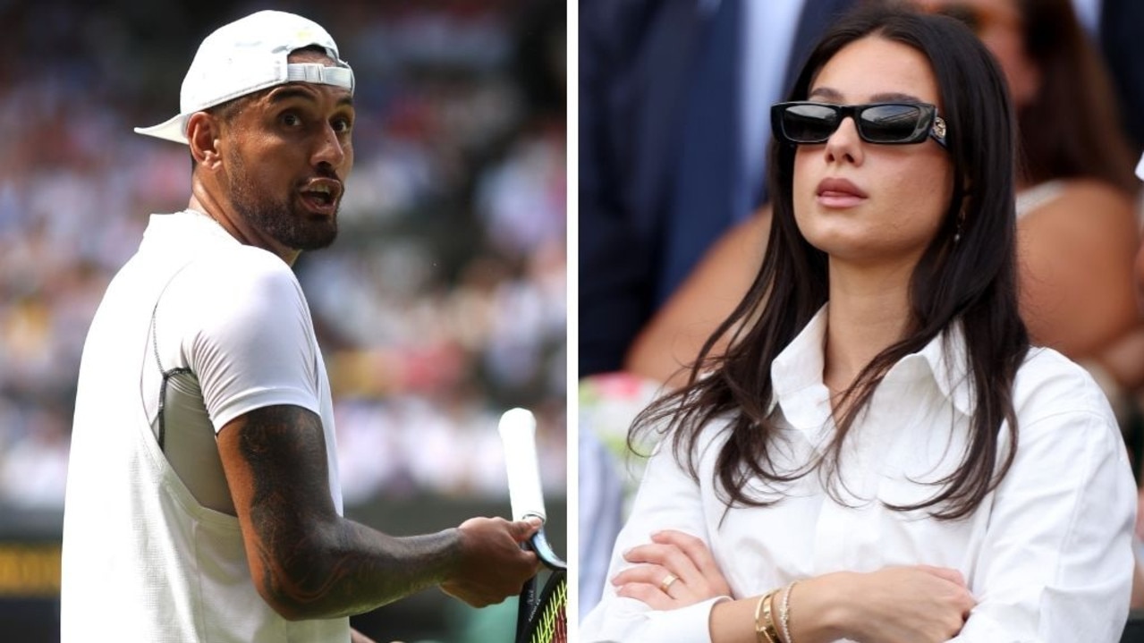 Nick Kyrgios relentlessly abused his player box, where girlfriend Costeen Hatzi was seated. Pictures: Getty