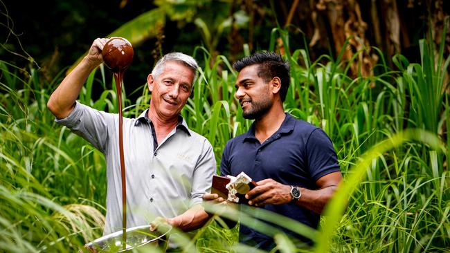 Haigh’s technical and product manager Ben Kolly with Warndu co-founder, Damien Coulthard. Picture: Mike Burton, taken at Adelaide Botanic Gardens.