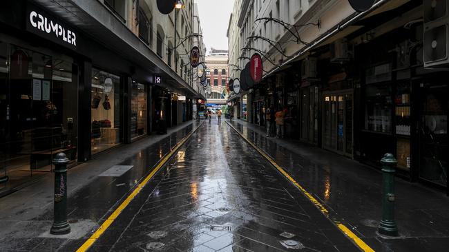 Empty streets again in Melbourne. Most CBD cafes did not open on Friday morning because of the state’s hard lockdown. Picture: Getty