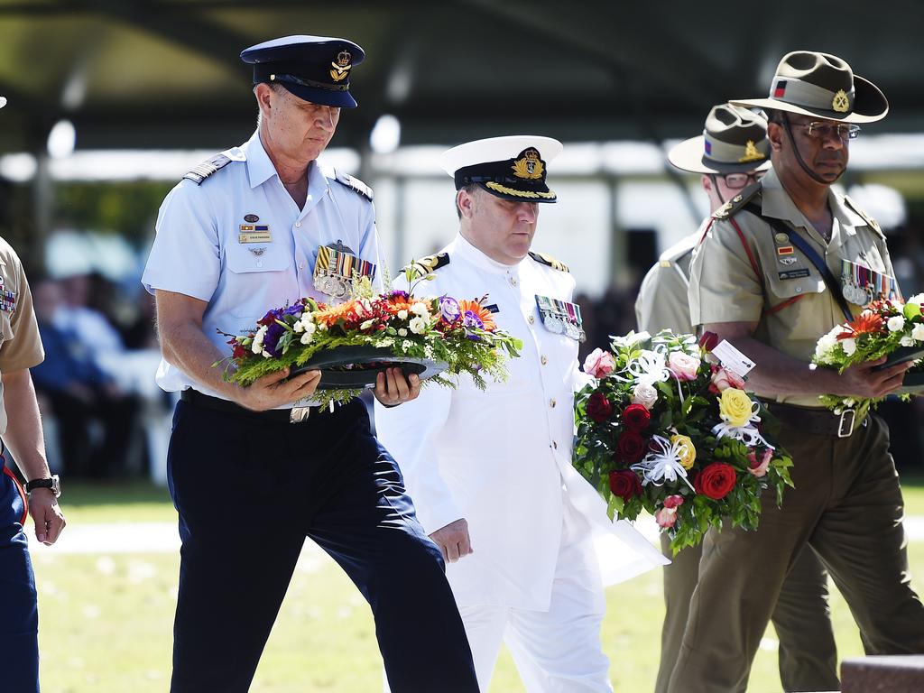 Wing Commander Steven Parson and Commander Darren Rushworth, ADC, RAN lay a wreath at the 77th Anniversary of the Bombing of Darwin on Tuesday, February 19, 2019. Picture: KERI MEGELUS