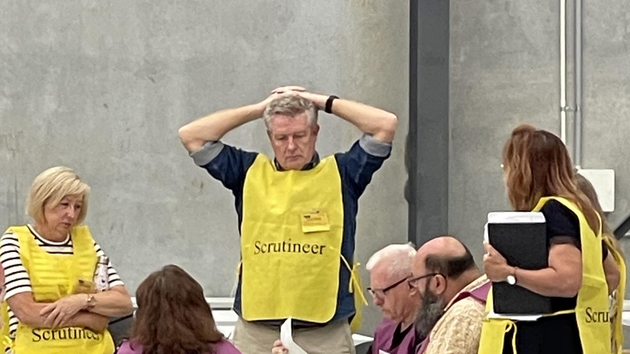 Gold Coast City Councillor Gail O'Neill and outgoing councillor William Owen-Jones scrutineering as the final votes are counted on Monday, April 1, 2024. Picture: Paul Weston