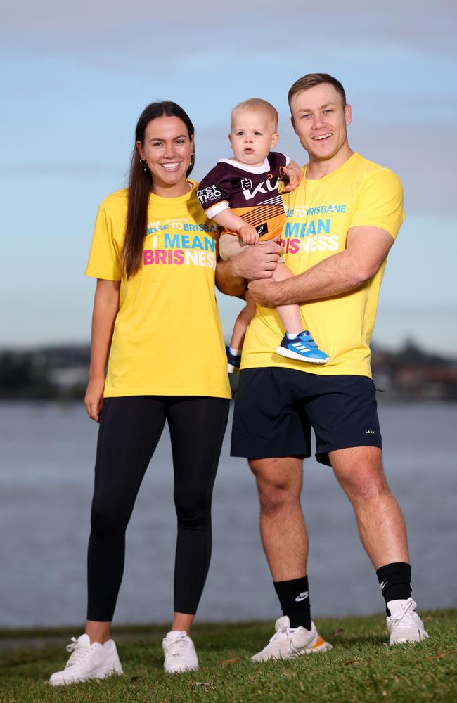 Billy Walters with fiance Rachel Ownsworth and son Hugo Walters, 18 months, ready to launch this year’s Bridge to Brisbane. Picture: Steve Pohlner