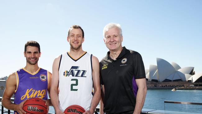 Kevin Lisch of the Sydney Kings, Joe Ingles of the Utah Jazz, and Sydney Kings coach Andrew Gaze.