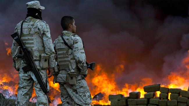 Two soldiers watch as marijuana seized by the Mexican Army after a clash with drug traffickers is destroyed. Pictures: AFP / Francisco Vega