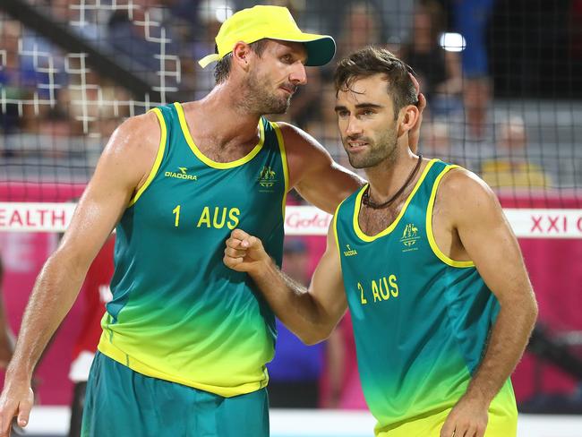 Beach Volleyball players Damien Schumann and Christopher McHugh. Picture: Chris Hyde/Getty Images