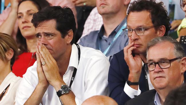 AFL boss Gillon McLachlan with Essendon CEO Xavier Campbell at the Australian Open. Picture: Michael Klein