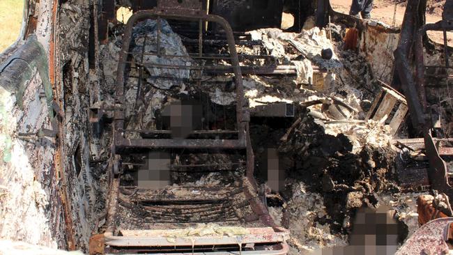 Charred ... The inside of the burnt-out van of the two missing Australian surfers contained human remains. Picture: Reuters/Noroeste.com/Carlos Chaidez